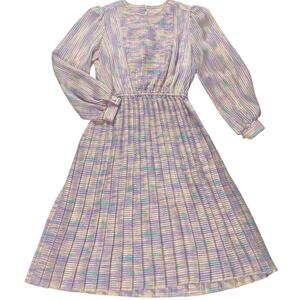 Vintage Watercolor Pastel Micro Pleat Midi Dress Marinette Size 10 Peasant Fairy